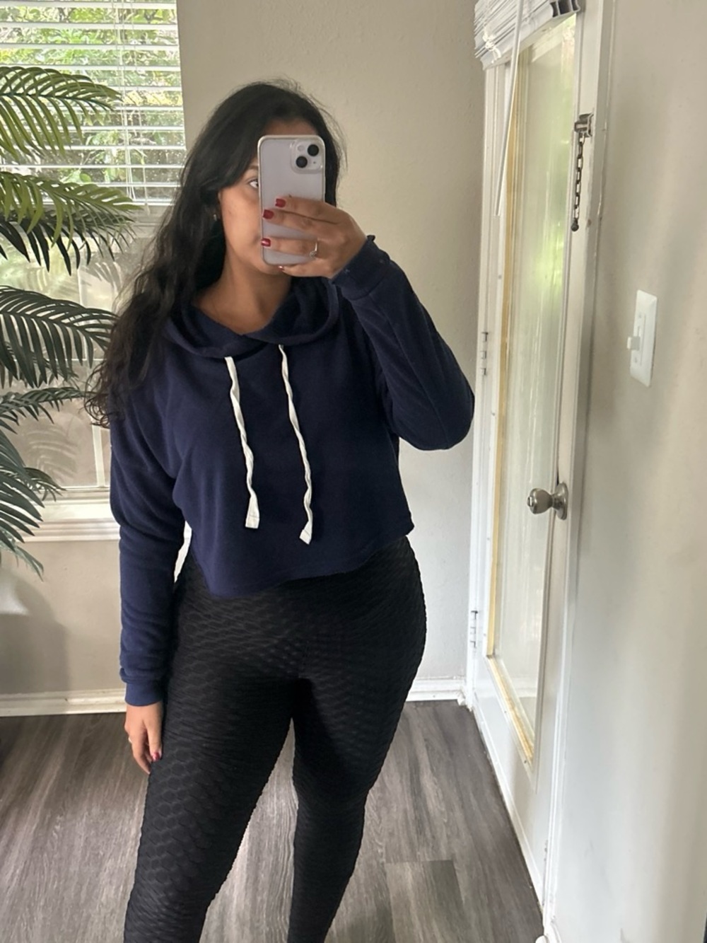 Forever 21 Navy Cropped Hoodie with White Drawstrings